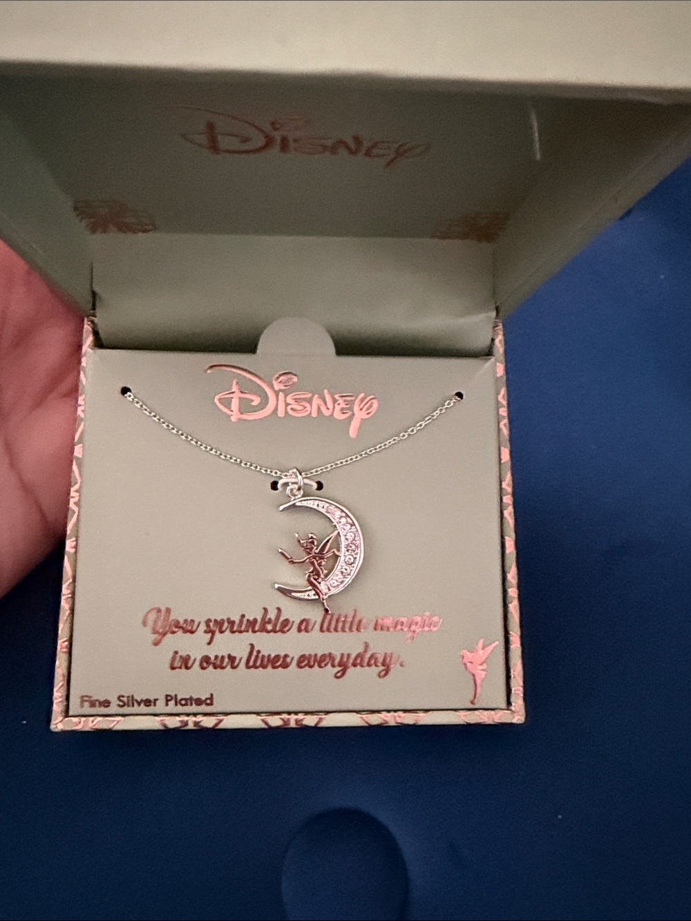 Disney Silver Tinker Bell Crescent Moon Necklace with Clear Accents